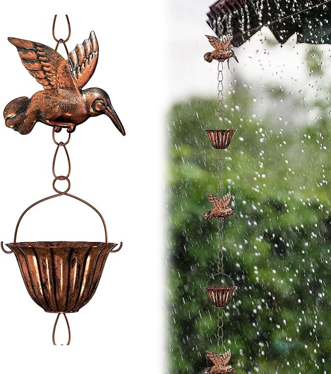 Rain Chains for Gutters, 7.87Ft Hummingbird and Cup Rain Chains for Gutters, Adjustable Rain Chimes for Outside Replacement Downspout for Gutters Eaves Drainage, Copper