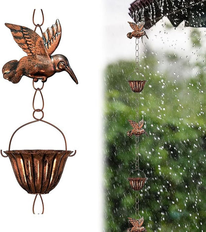 Rain Chains for Gutters, 7.87Ft Hummingbird and Cup Rain Chains for Gutters, Adjustable Rain Chimes for Outside Replacement Downspout for Gutters Eaves Drainage, Copper