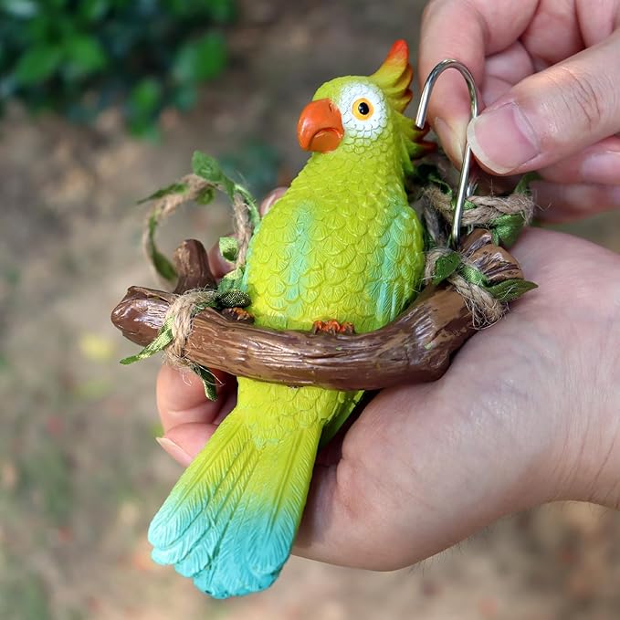 Hanging Resin Parrot Decor Tiki Bar Decorations Outdoor Tropical Yard Pool Decorations Indoor Hanging Bird Statue for Tree Plant Patio Garden Lawn Porch Balconies Decor(Green)