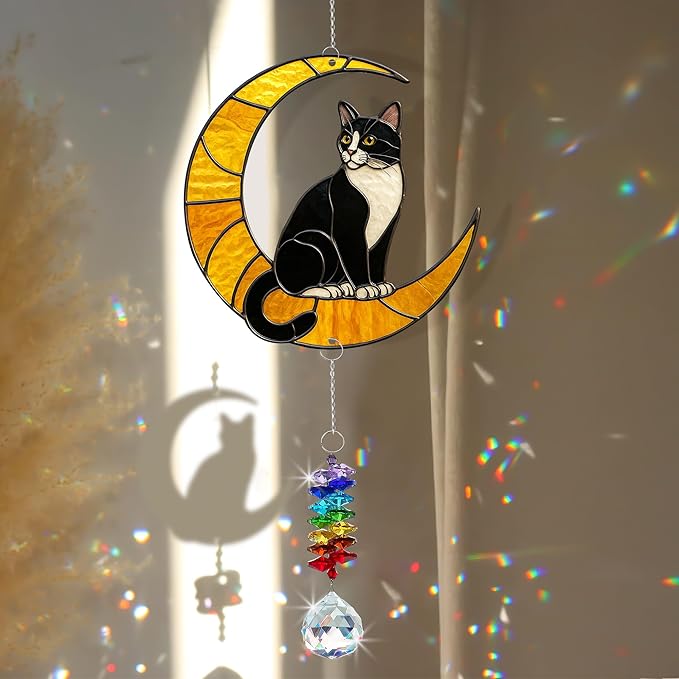 Tuxedo Cat Suncatcher – Black and White Cats Decor Hanging on Moon with Crystal Prism – Tuxedo Cat Gifts for Women, Home or Garden Gift Idea