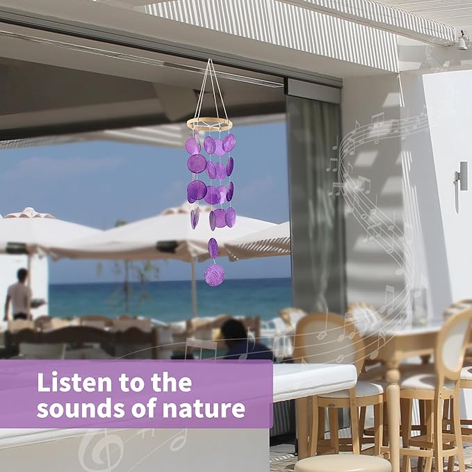 Capiz Wind Chimes for Outside, Outdoor Seashell Hanging Beach Coast Ocean Home Decorative, Unique Natural Shell Waterfall Windchimes for Summer Patio, Great Memorial Sympathy Gift（Purple