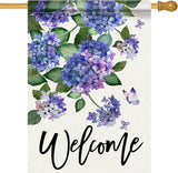 Welcome Spring Hydrangea Decorative House Flag, Purple Floral Flowers Butterfly Garden Yard Outside Decorations, Summer Farmhouse Outdoor Large Home Decor Double Sided 28 x 40