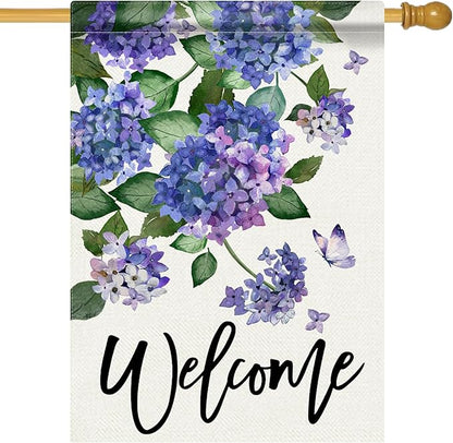 Welcome Spring Hydrangea Decorative House Flag, Purple Floral Flowers Butterfly Garden Yard Outside Decorations, Summer Farmhouse Outdoor Large Home Decor Double Sided 28 x 40