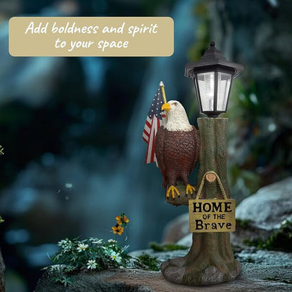 14x6 Inch Eagle Outdoor Solar Statue, Resin Garden Decor Outdoor Waterproof, Eagle Statue with American Flag for Patios, Yards, Home of The Brave Yard Lawn Gift for Mom Dad Grandpa