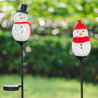 2 Pack Solar Powered Garden Stake Lights Outdoor, Cute Animal Outdoor Figurine Lights Ornament Statue Decor for Pathway, Patio, Red ＆ Black Snowman.