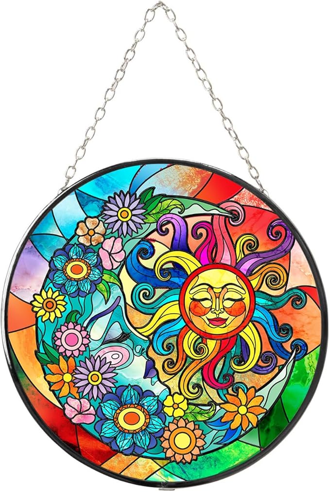 WIRESTER Stained Glass Suncatcher 6 Inch, Glass Panel with Metal Chain, Sun Catcher Window Hanging Ornament for Indoor Outdoor Wall Art Home Decoration - Colorful Sun and Moon