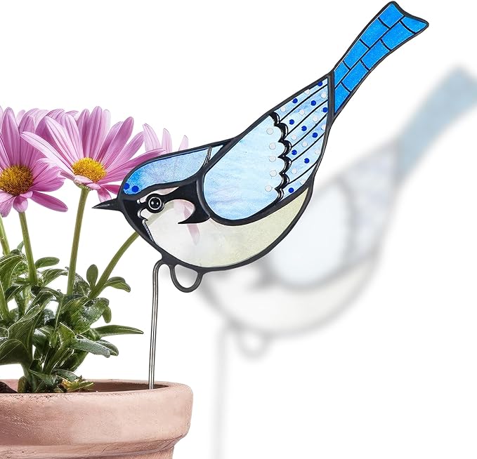 Geelin 1 Pc Stained Glass Blue Bird Suncatcher Flower Pot Decoration Metal Plant Pot Hangers Colorful Garden Yard Suncatcher Decor for Spring Home Indoor Outdoor Decor(Blue)