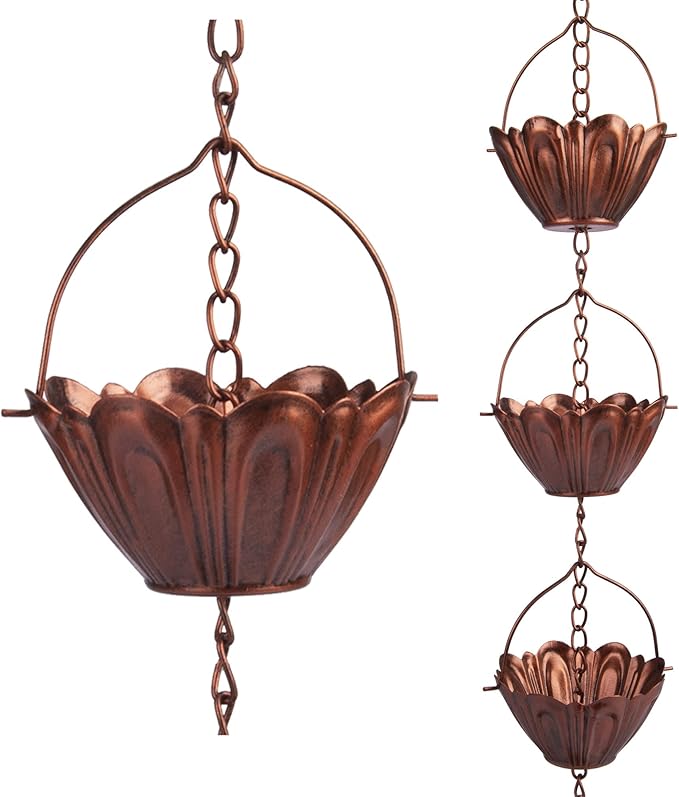 8 ft Copper Plated Rain Chain for Outside Downspouts, Adjustable Rain Catcher for Garden Gutters, Decorative Metal Hanging Flower Spiral Rain Bells, 12 Lotus Cups, Red Copper Color
