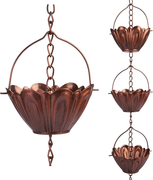 8 ft Copper Plated Rain Chain for Outside Downspouts, Adjustable Rain Catcher for Garden Gutters, Decorative Metal Hanging Flower Spiral Rain Bells, 12 Lotus Cups, Red Copper Color