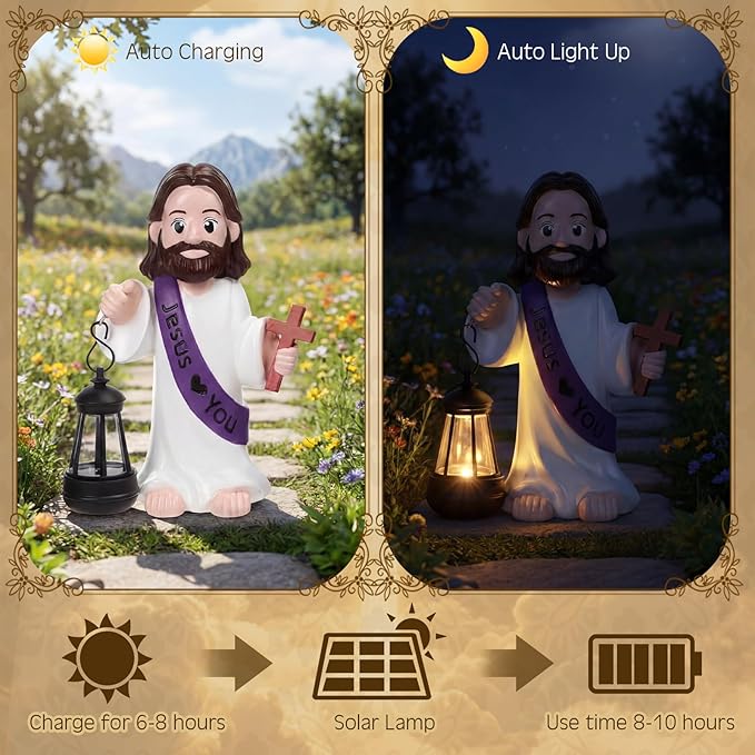 Capoda Solar Jesus Figurine 8 Inch, He is Risen Easter Statue with Glowing Lantern, Jesus Loves You Christian Resin Outdoor Garden Statue Decor, Religious Easter Gifts (Cross,Purple)
