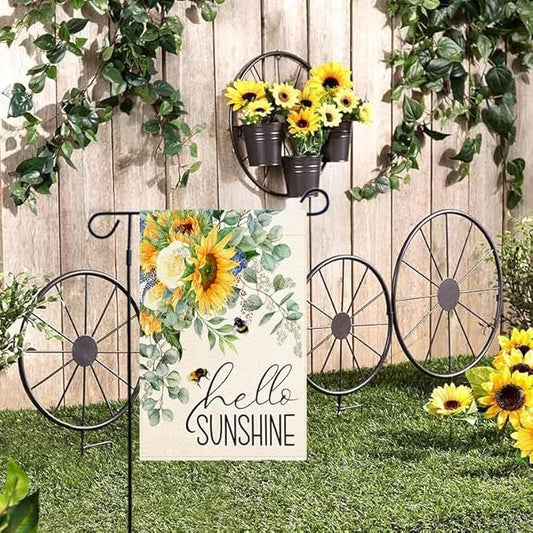 Baccessor Hello Sunshine Spring Garden Flag Sunflower Bee Eucalyptus Leaves Yard Flag 12.5 X 18 Inch Double Sided Burlap Small Spring Summer Flag for Outside Decor