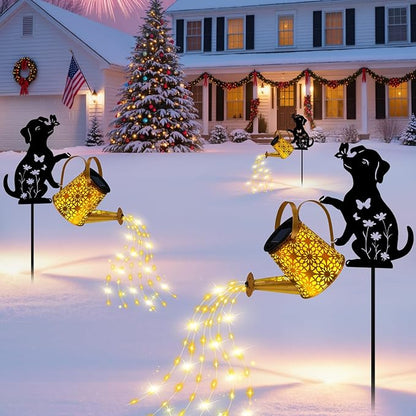 Garden Decor for Outside - Solar Watering Can with Lights, Metal Dog Silhouette Stake with Cascading Waterfall LEDs, Waterproof Yard Art for Lawn Patio, Unique Gardening Gifts for Women Mom 2 Pack
