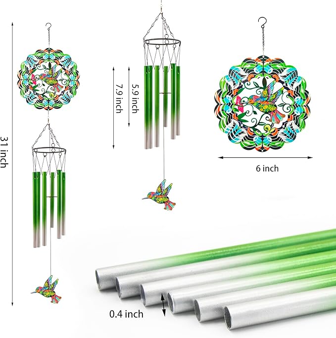 Wind Chimes with Hummingbird Wind Spinner, Gifts for Men, Women, Retirement, Teacher, Parents - Outdoor Hanging Decor Clearance for Garden, Patio, Backyard Or Porch