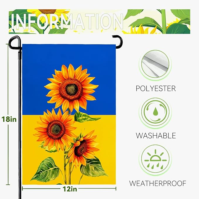 Ukraine Sunflower Garden Flag 12x18 Inch Double Sided Seasonal Fall Yard Flag Blue and Yellow Floral Outdoor Decor for Lawn Patio Garden Durable Welcome Autumn House Banner