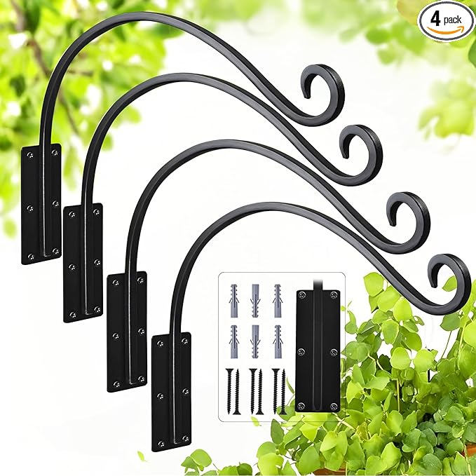 Heavy Duty 16 Inch Plant Hangers Bracket Outdoor, 60lbs Weight Capacity-4 Pack Metal Wall Hooks for Hanging Plants, Bird Feeder, Wind Chime, Wall Decor, Plant Hanger Hooks for Hanging Flower Baskets