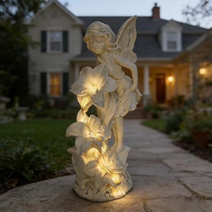 Angel Figurines Garden Statue, Solar Powered Outdoor Angel Statue Decor for Patio Lawn Yard Balcony, Waterproof Resin Angel Sculpture, Memorial Gift for Mom Mother Grandma (Gray)