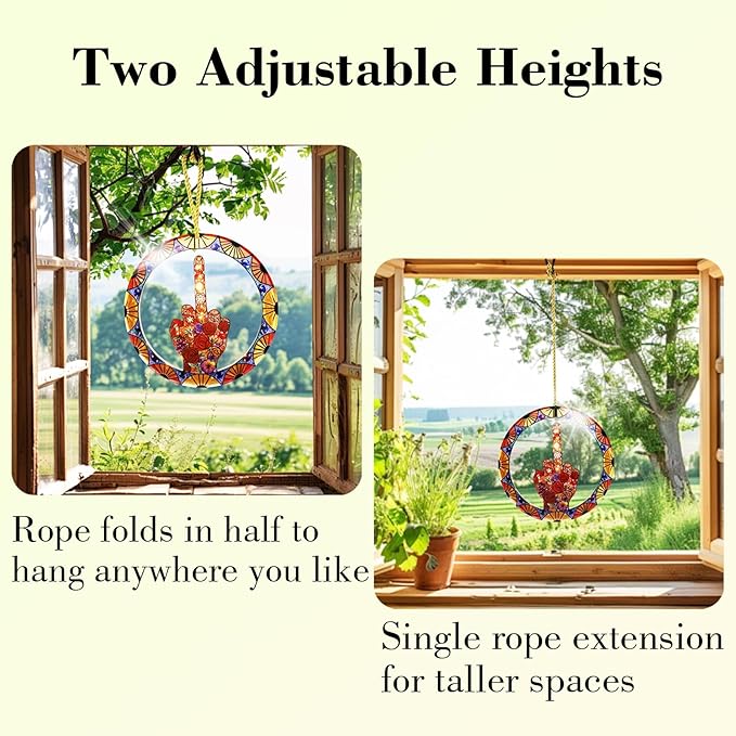 Middle Finger Suncatcher Color Stained Glass Window Hanging, Handmade Acrylic Funny Light Sun Catcher Indoor Outdoor Wall Hanger Ornament, Hand-Painted Glass Panel Decor for Home Office (E)