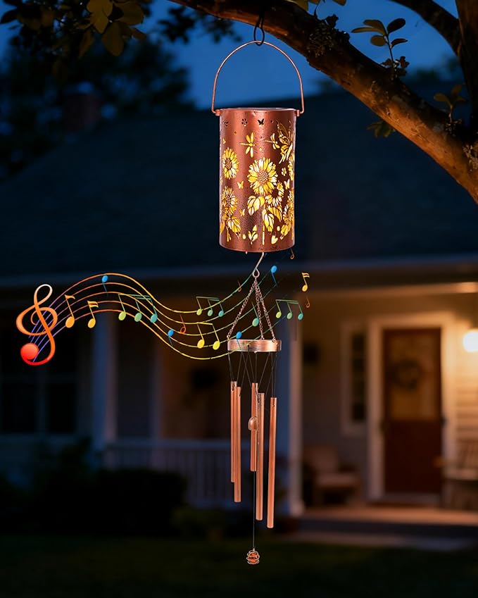 Butterfly Solar Wind Chimes - Metal Sunflower Windchimes with Lantern Outside Hanging Solar Lights Decor Gifts Garden Lawn Patio Yard Decoratoin Christmas Birthday Gift for Women Mom Grandma