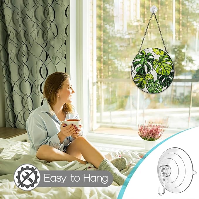Stained Glass Window Hanging, 8 Inch Monstera Plant Suncatcher, Sun Catchers Indoor Window, Tropical Leaf Suncatchers for Windows Hanging, Spring Home Garden Decor Panel Plant Lover Gift for Women Mom