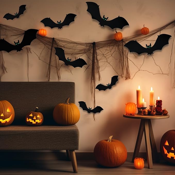 18 PCS Hanging Bats Halloween Decorations - 3 Different Sizes Black Bats with Glowing Eyes for Outdoor and Indoor Party Decor - Yard, Wall, Tree, Lawn