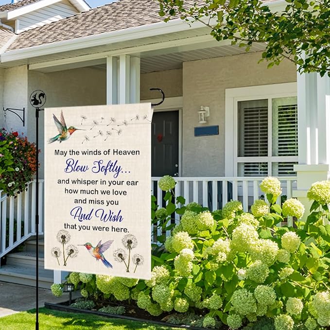 May The Winds Of Heaven Blow Solftly Garden Flag, Double Sided Farmhouse Outdoor Decor Yard Flag Gifts, Hummingbird Dandelion Memorial Garden Décor Gifts, Remembrance Sympathy House Flags