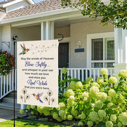 May The Winds Of Heaven Blow Solftly Garden Flag, Double Sided Farmhouse Outdoor Decor Yard Flag Gifts, Hummingbird Dandelion Memorial Garden Décor Gifts, Remembrance Sympathy House Flags