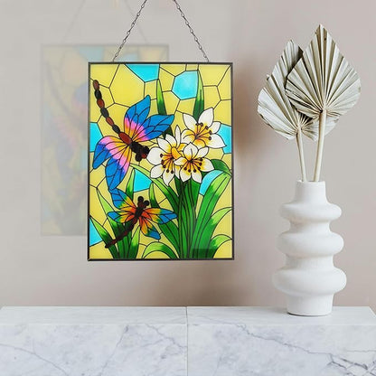 Stained Glass Window Hanging, Dragonfly Glass Art Decor, Sun Catchers Indoor Window, Valentine Rectangle Suncatchers for Windows Hanging, Stained Suncatcher for Room Balcony Garden Patio
