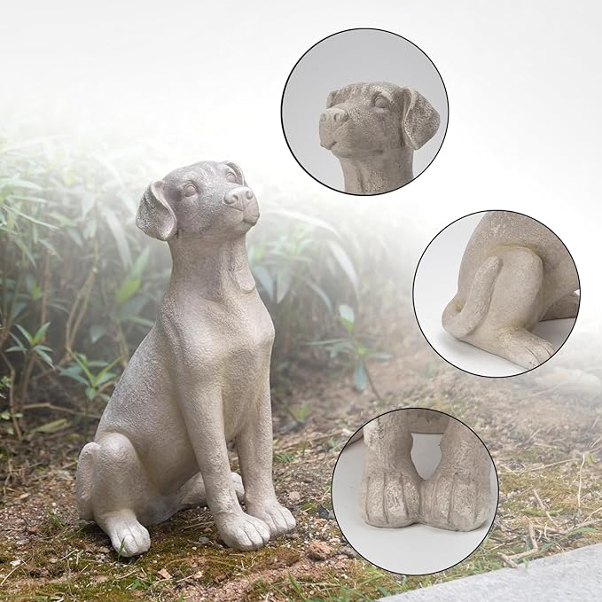 Cynkeyee Outdoor Garden Dog Statue - 15 Inch Resin Sitting Labrador Sculpture, Decorative Figurine for Patio, Lawn, Yard, Porch (White)