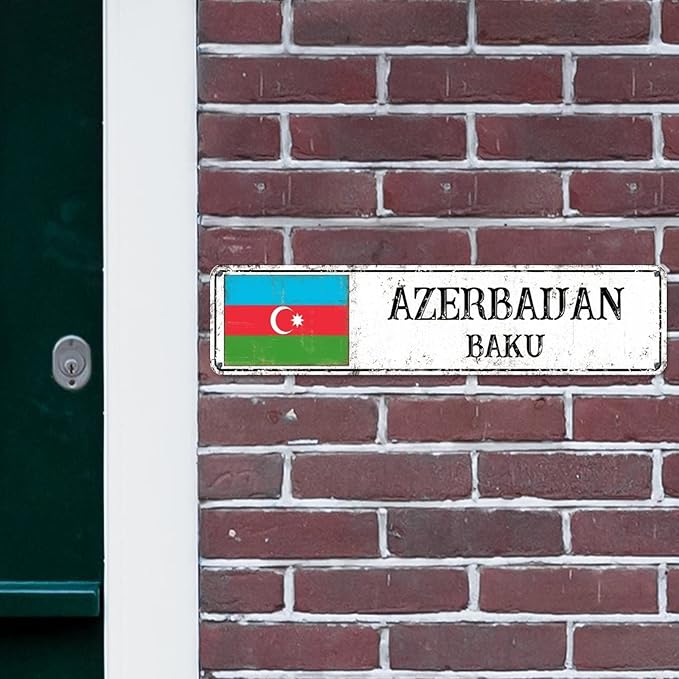 Azerbaijan Street Signs Azerbaijan Flag Metal Sign Capital City of Azerbaijan Metal Sign Road Rustic Wall Art Farmhouse Decorative Sign Home Decoration Gift for Foreign Friend, Neighbor 24x6inch
