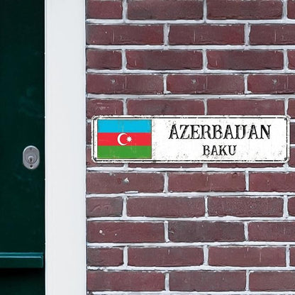 Azerbaijan Street Signs Azerbaijan Flag Metal Sign Capital City of Azerbaijan Metal Sign Road Rustic Wall Art Farmhouse Decorative Sign Home Decoration Gift for Foreign Friend, Neighbor 24x6inch