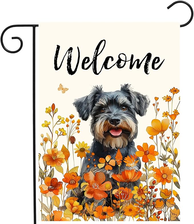 Floral Schnauzer Garden Flag Fall Yard Flag Wildflower Dog Garden Flags Orange Autumn Lawn Flags Welcome Thanksgiving Outdoor Flags for Outside 12x18 Double Sided Small