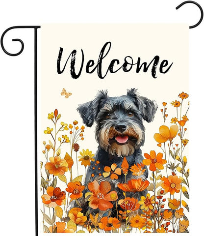 Floral Schnauzer Garden Flag Fall Yard Flag Wildflower Dog Garden Flags Orange Autumn Lawn Flags Welcome Thanksgiving Outdoor Flags for Outside 12x18 Double Sided Small