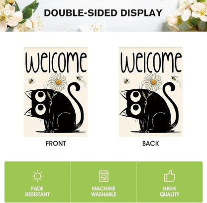 AVOIN colorlife Black Cat Spring Summer House Flag 28x40 Inch Double Sided Outside, Seasonal Daisy Welcome Yard Outdoor Flag