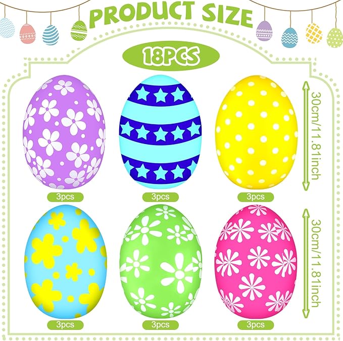 18 Pieces 12 Inch Inflatable Easter Eggs Easter Outdoor Yard Decoration Large Inflatable Hanging Eggs Ornaments Giant PVC Kids Toys for Garden Lawn Party Decor