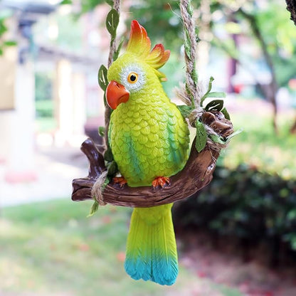 Hanging Resin Parrot Decor Tiki Bar Decorations Outdoor Tropical Yard Pool Decorations Indoor Hanging Bird Statue for Tree Plant Patio Garden Lawn Porch Balconies Decor(Green)
