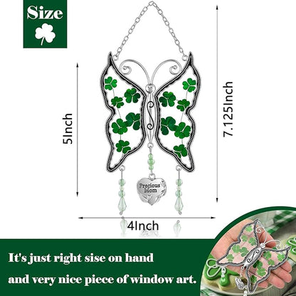 KY&BOSAM Shamrock Butterfly Suncatcher Precious Mom Gifts Irish Celtic for Window Hanging Wind Chime Real Flower Wings with Metal Charm Gifts for Women St Patrick's Mothers Day Birthday Christmas