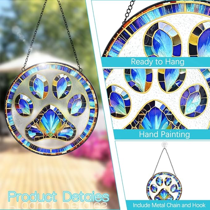 Paw Print Suncatcher Stained Glass Window Hanging - 8” Paw Print Stained Glass Suncatchers for Windows - Sun Catchers Indoor Wall Art Home Garden Decor Glass Panel - Dog Memorial Gifts for Mom Grandma