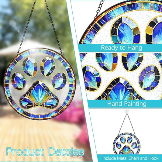 Paw Print Suncatcher Stained Glass Window Hanging - 8” Paw Print Stained Glass Suncatchers for Windows - Sun Catchers Indoor Wall Art Home Garden Decor Glass Panel - Dog Memorial Gifts for Mom Grandma