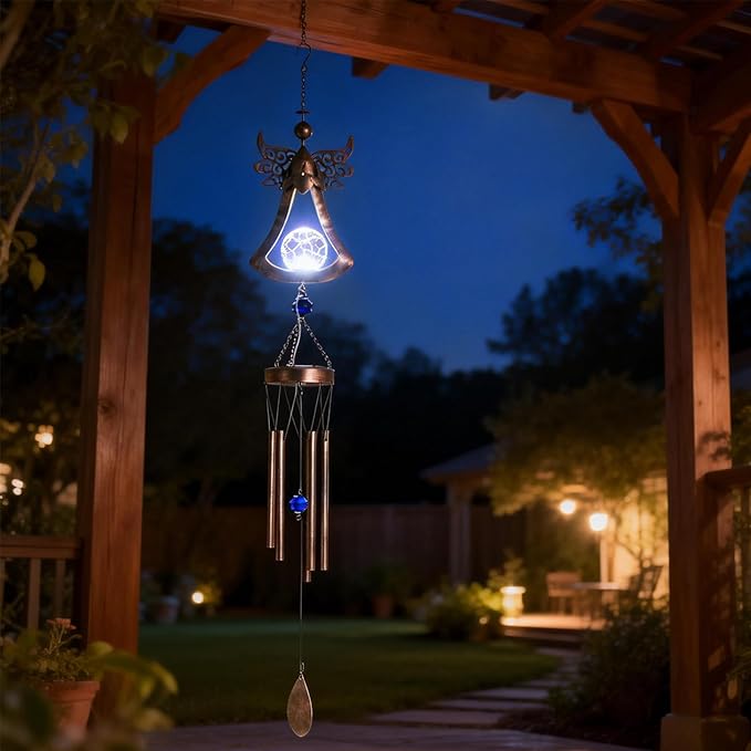 Taman Wind Chime - 42" Angel Solar Lights Wind Chimes Valentine's Day Gift for Outside Crackle Glass Ball LED Decorative Memorial Gift, Aluminum Tubes for Home, Outdoor, Yard, Patio,Garden Decor