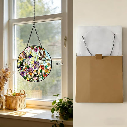 9.8In Hummingbird Stained Glass Window Hanging, Large Stained Glass Suncatcher for Indoor Home Decor, Vibrant Bird & Flower Window Suncatcher Ornament for Garden, Ideal Gift for Women Mom Bird Lovers