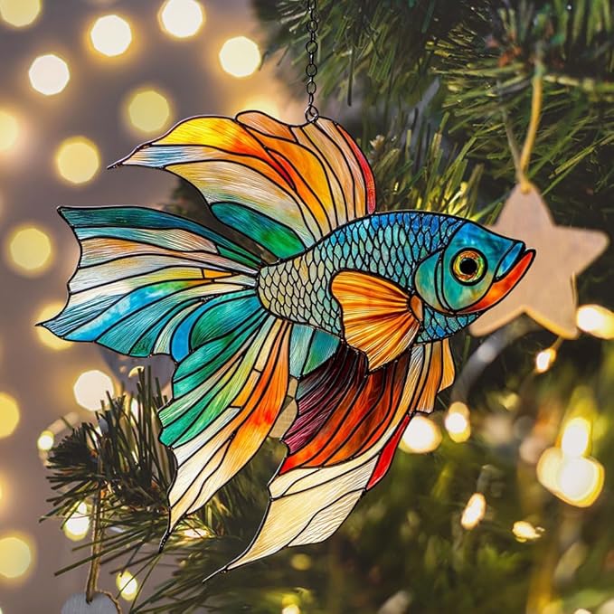 Beta Fish Acrylic Suncatcher Stained Glass Effect Window Car Hanging Christmas Ornament Indoor Outdoor Decor Garden Sun Catcher Panel for Acrylic Suncatcher Lover for Women Mom Grandma