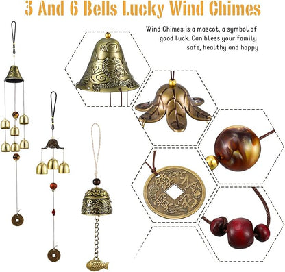 Jetec 3 Pcs Feng Shui Wind Chimes Chinese Bells Hanging Metal Bell Vintage Dragon Fish Feng Shui Chime and 3, 6 Bells Wind Chime for Good Luck Indoor Outdoor Temple Home Garden Decoration