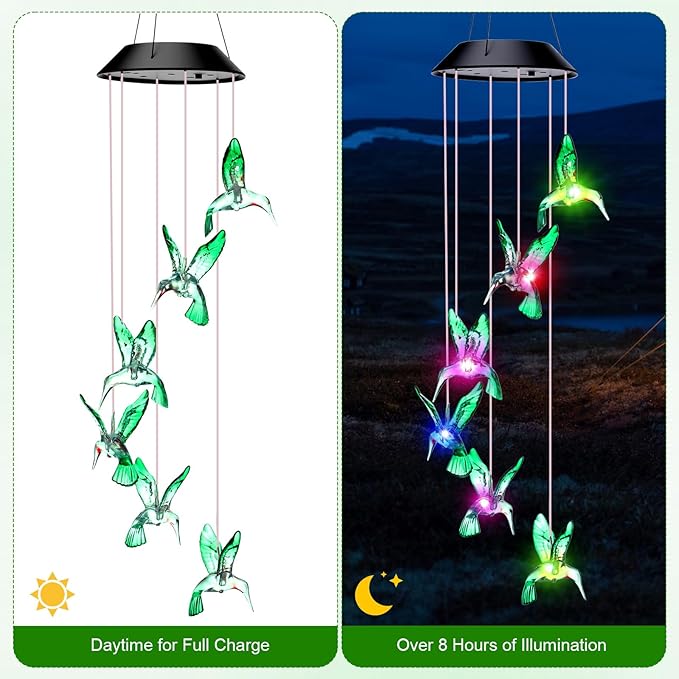 Retisee LED Solar Hanging Wind Chime, Outdoor Mobile Color Changing Light, Home Yard Garden Decoration Automatic Light Gift for Party Women Mom(Hummingbird)