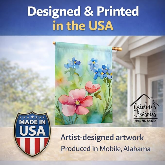Caroline's Treasures Alaska Forget-me-nots in Watercolor House Flag Large Porch Sleeve Pole Decorative Outside Yard Banner Artwork Wall Hanging, Polyester, House Size, Multicolor