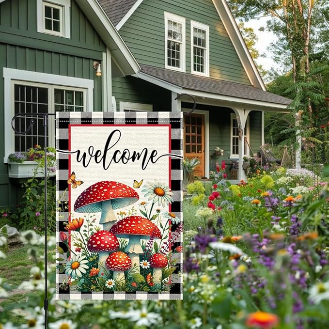 Welcome Mushrooms Garden Flag 12x18 Inch Burlap Double Sided, Buffalo Plaid Flowers Butterfly Colorful Floral Small Home Yard Outdoor Lawn Decor Rustic Farmhouse Flags Decorations