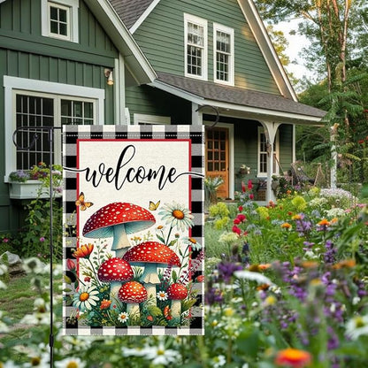 Welcome Mushrooms Garden Flag 12x18 Inch Burlap Double Sided, Buffalo Plaid Flowers Butterfly Colorful Floral Small Home Yard Outdoor Lawn Decor Rustic Farmhouse Flags Decorations