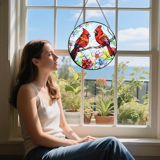 Stained Glass Window Hanging, 8 in Cardinal Sun Catchers, Diamond Glass Panel Landscape Suncatcher for Home Decor - Gift for Bird Lovers Women Mother's Day Christmas