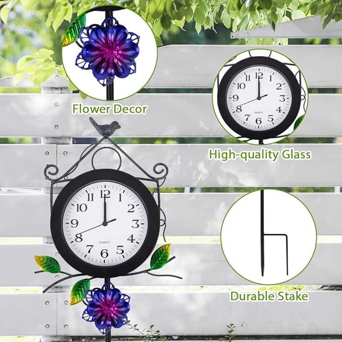 Outdoor Clock with Garden Stake, Flower Birdhouse Outdoor Wall Clock Waterproof, Silent No-Ticking Outdoor Clocks for Garden, Patio, Yard, Fence