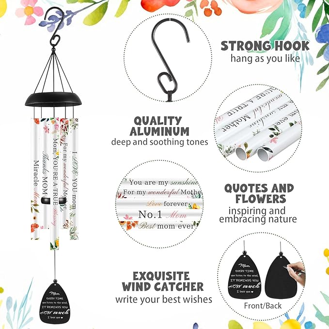 32 Inch Gifts for Mom Wind Chimes Unique Moms Birthday Gift from Daughter Son Large Floral Style Mother Wind Chimes for Mothers Day Thanksgiving Christmas Birthday