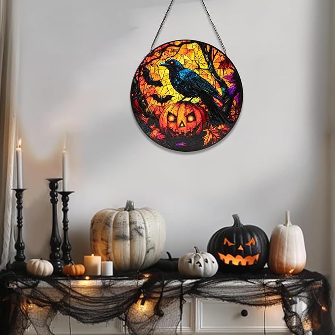 Stained Glass Window Hanging, Halloween Decorations Evil Crow Pumpkin Maple Leaf Suncatcher for Doors Garden Indoor Funny Spooky Sun Catchers Gothic Decor for Women, Men, and Mom 7.8 in